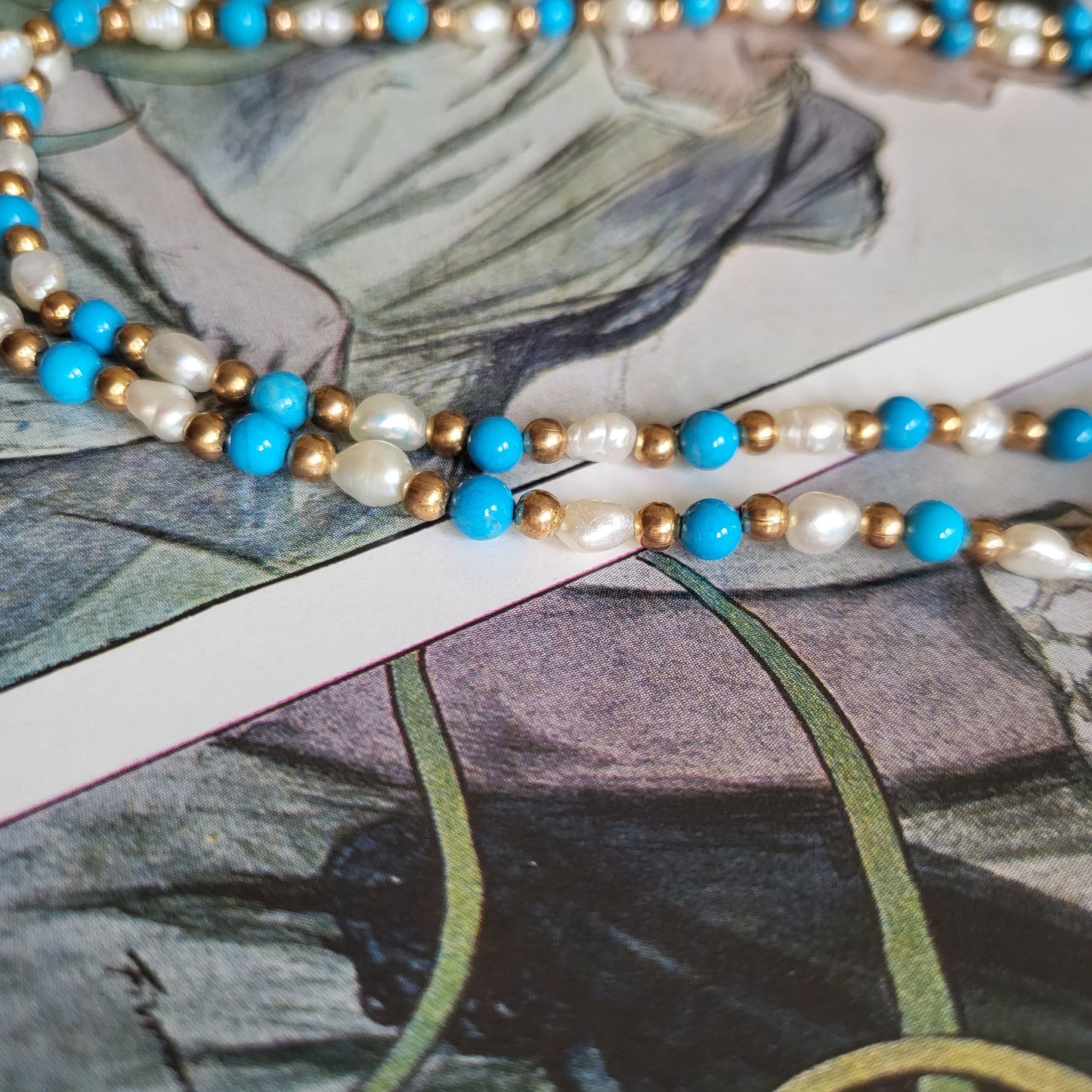 Necklace - Rice Pearls Turquoise and Gold Beads Necklace