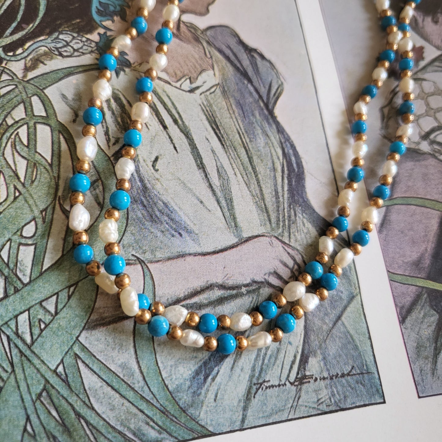 Necklace - Rice Pearls Turquoise and Gold Beads Necklace