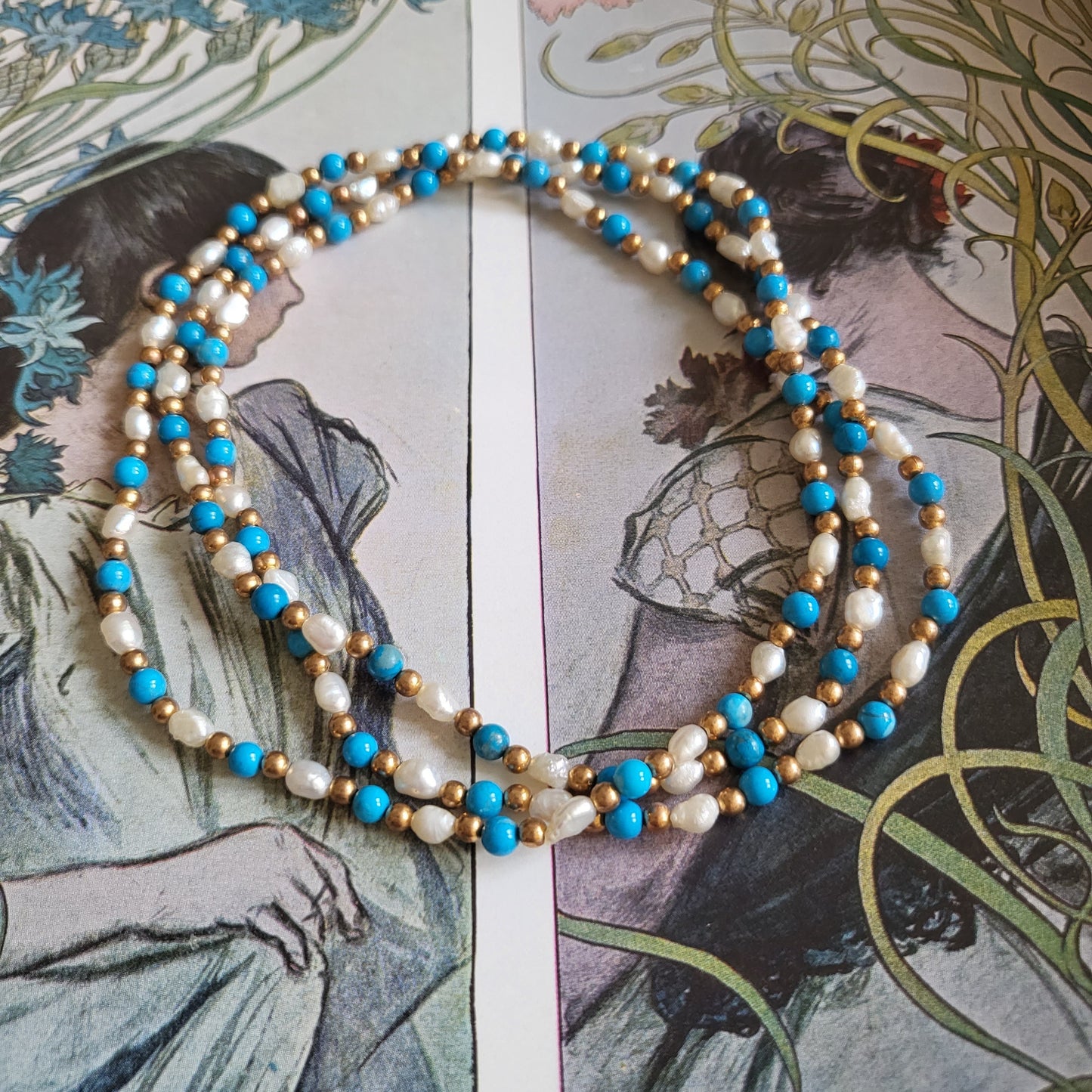 Necklace - Rice Pearls Turquoise and Gold Beads Necklace