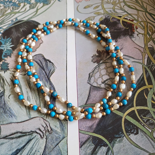 Necklace - Rice Pearls Turquoise and Gold Beads Necklace