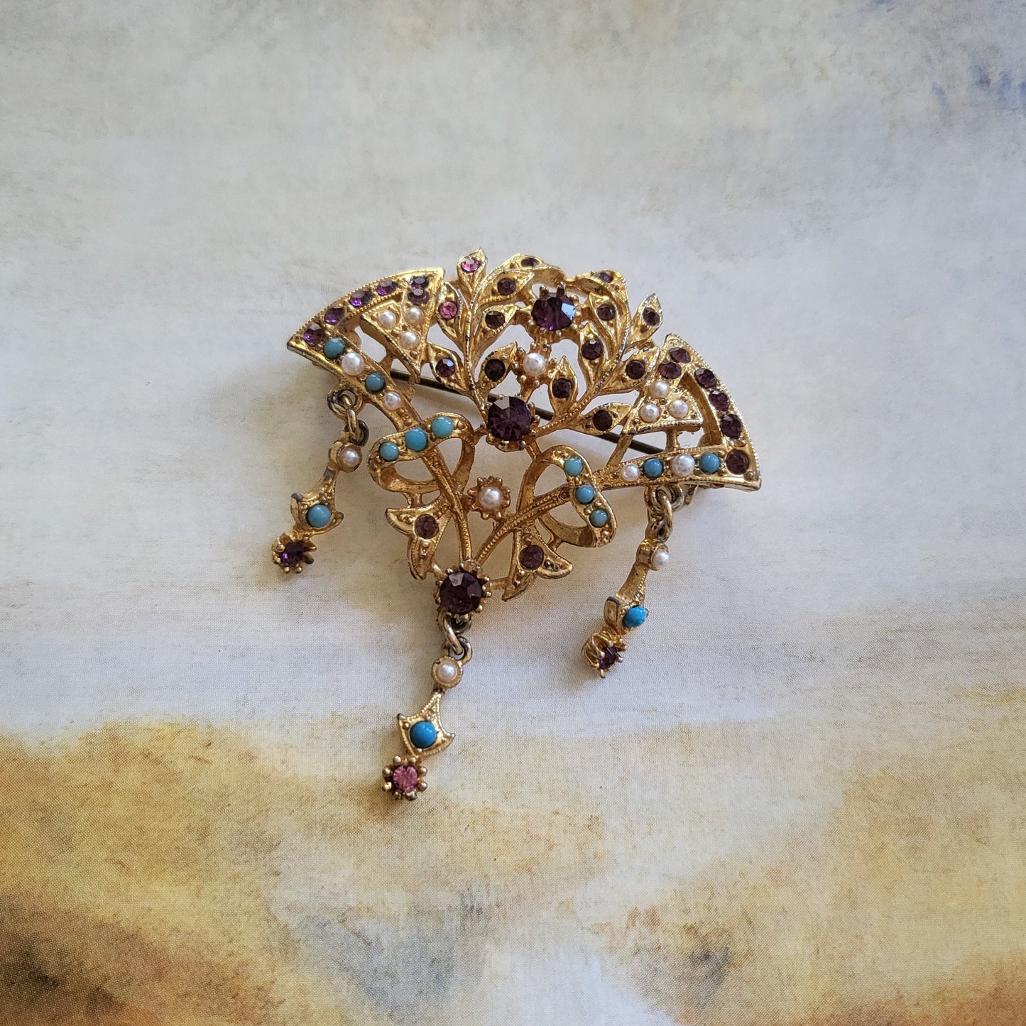 Brooch - Exquisite Turquoise Pearl and Purple Crystals Ornate Fan Brooch