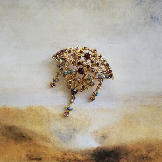 Brooch - Exquisite Turquoise Pearl and Purple Crystals Ornate Fan Brooch