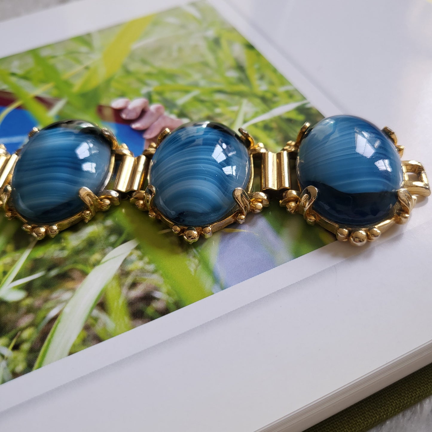 Bracelet - Blue and White Stripe Glass Cabochon Bracelet