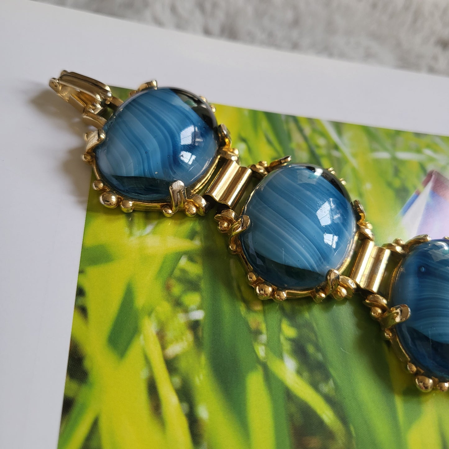 Bracelet - Blue and White Stripe Glass Cabochon Bracelet