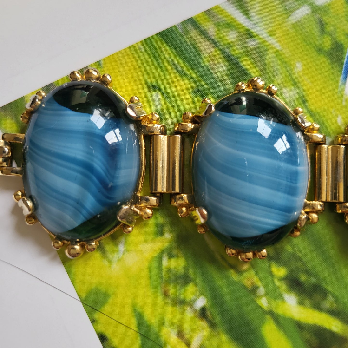 Bracelet - Blue and White Stripe Glass Cabochon Bracelet