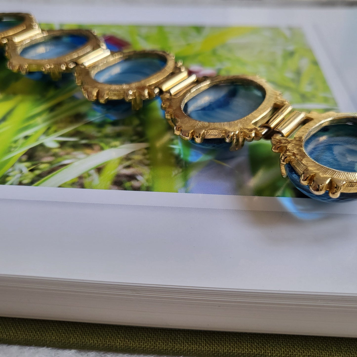 Bracelet - Blue and White Stripe Glass Cabochon Bracelet