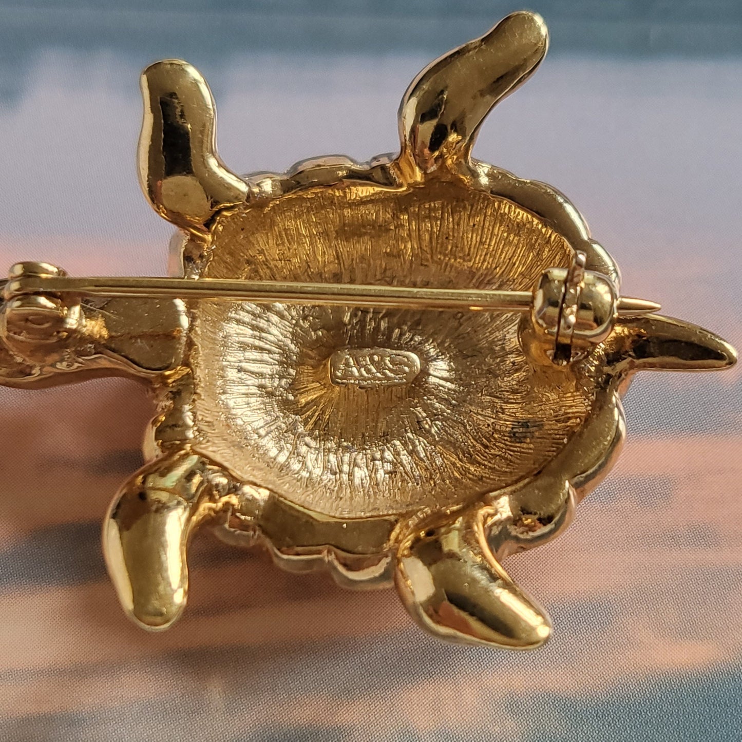 Brooch - Attwood and Sawyer Brown Enamel Crystal Tortoise Brooch