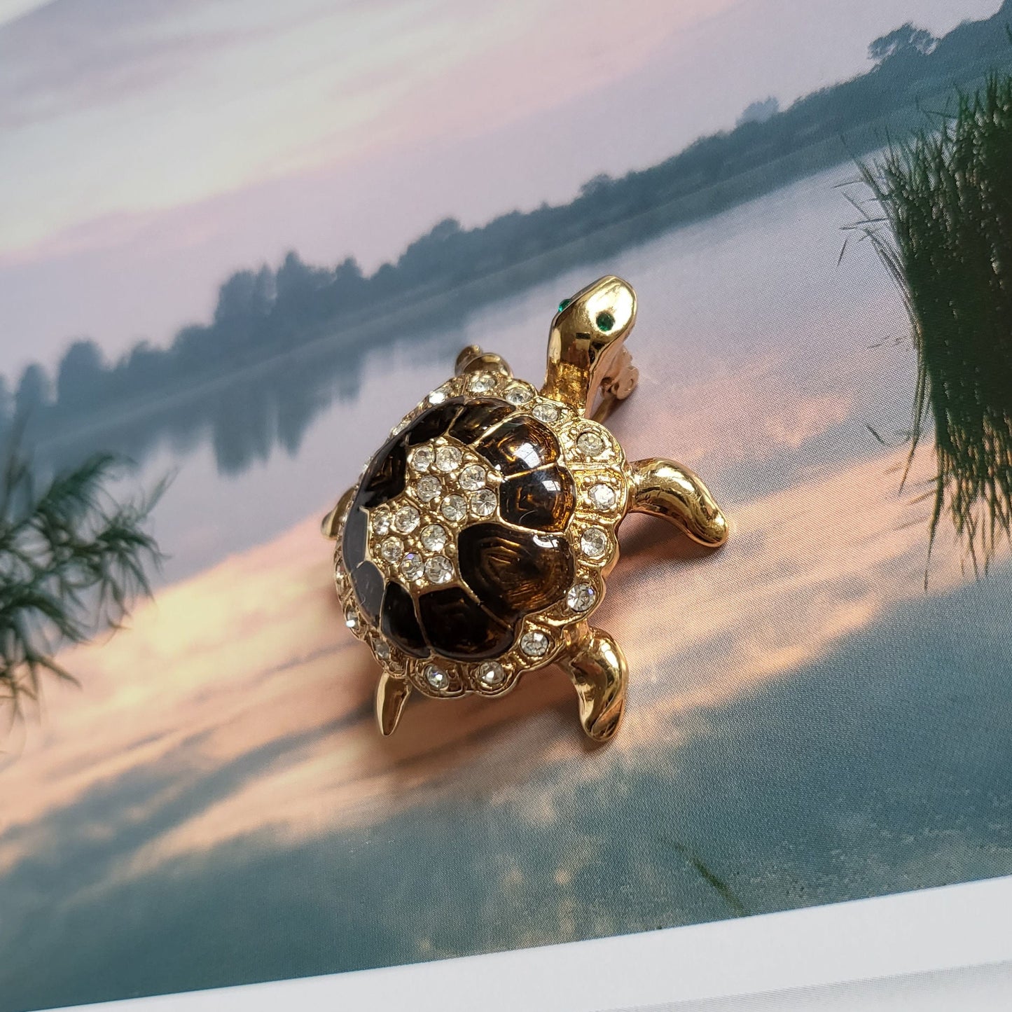 Brooch - Attwood and Sawyer Brown Enamel Crystal Tortoise Brooch