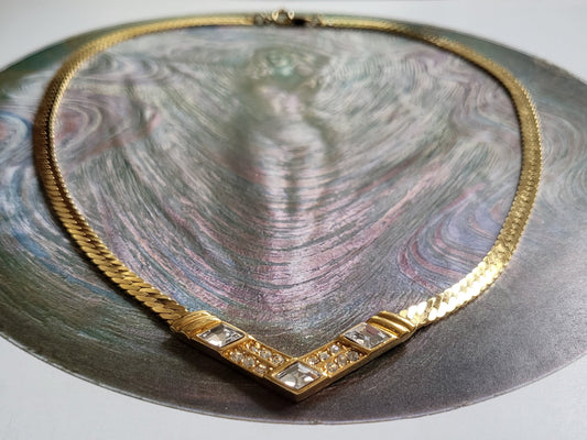 Necklace - Trifari Clear Crystal V Shape Necklace