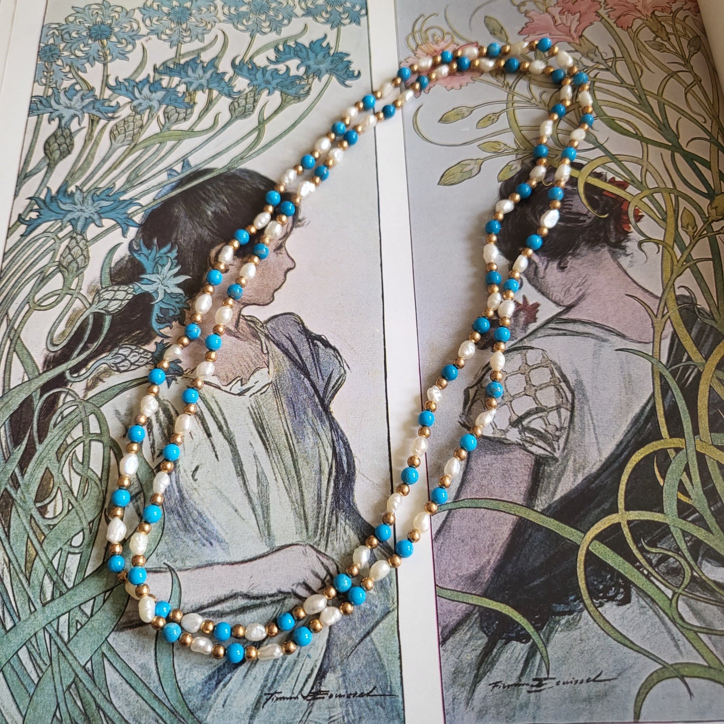 Necklace - Rice Pearls Turquoise and Gold Beads Necklace