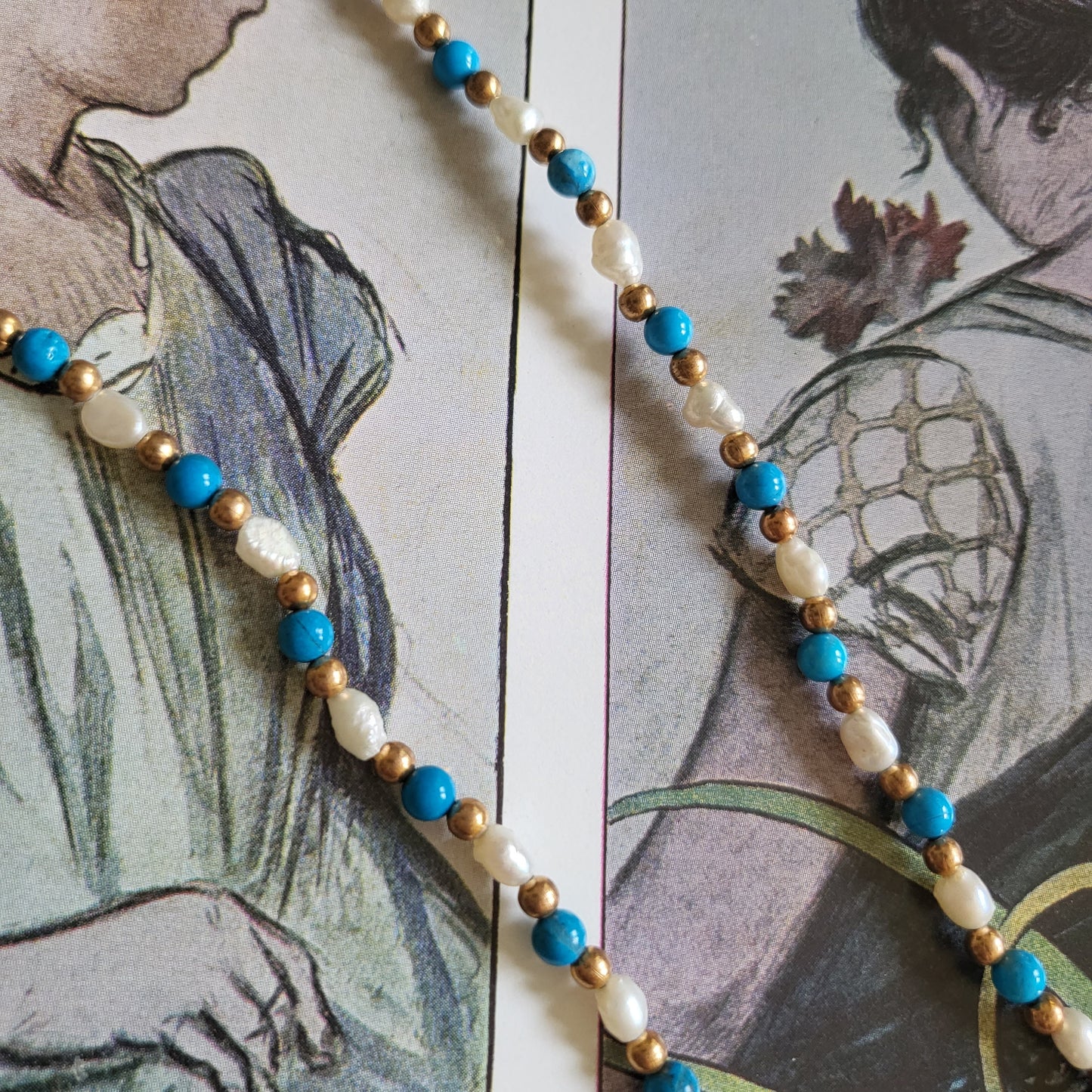 Necklace - Rice Pearls Turquoise and Gold Beads Necklace