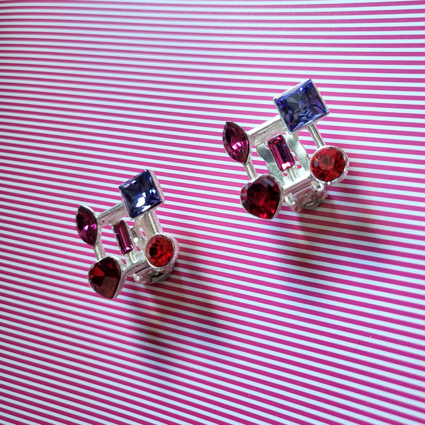 Clip on - Agatha Red and Purple Crystals Silver Lattice Clip on Earrings