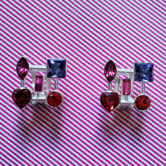 Clip on - Agatha Red and Purple Crystals Silver Lattice Clip on Earrings