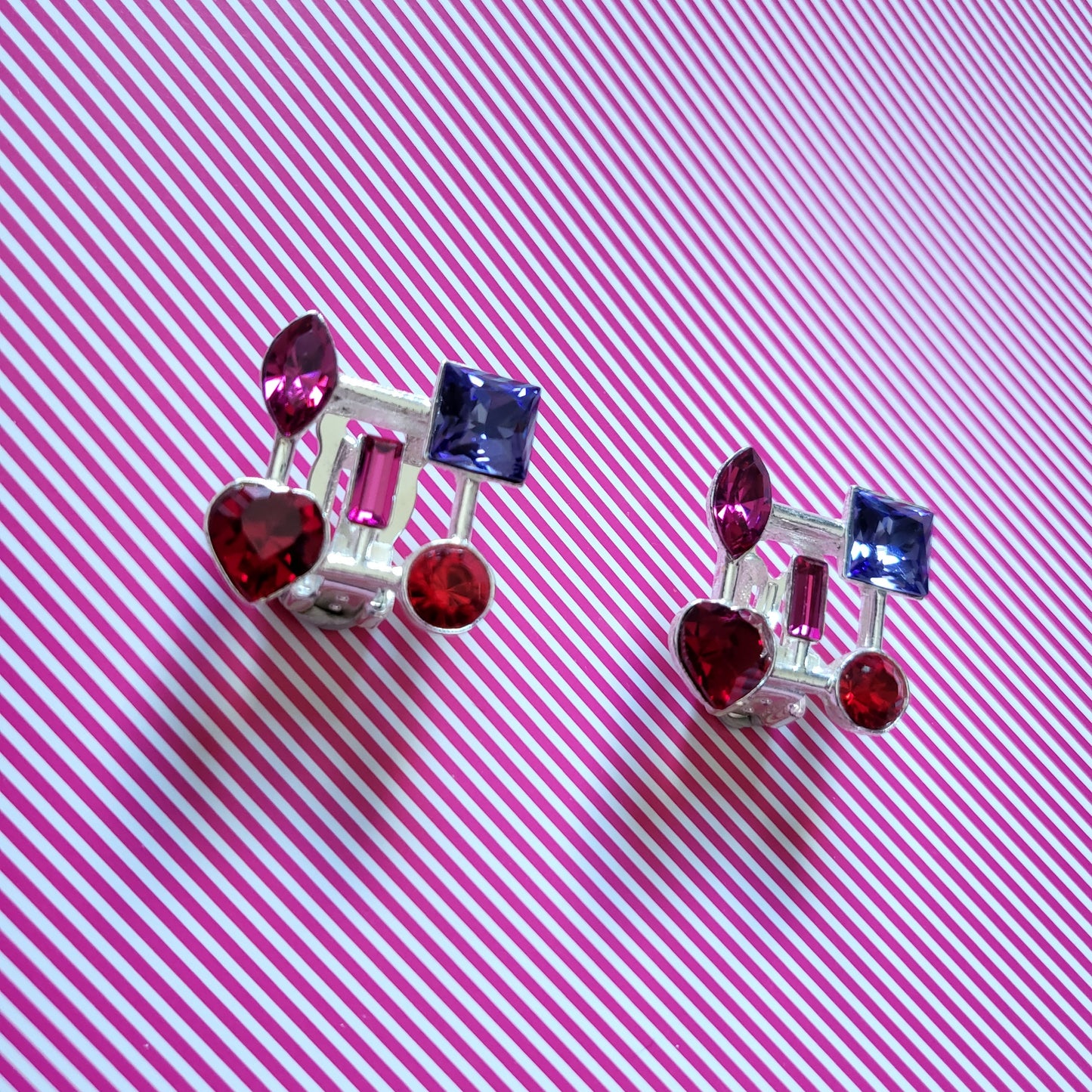 Clip on - Agatha Red and Purple Crystals Silver Lattice Clip on Earrings