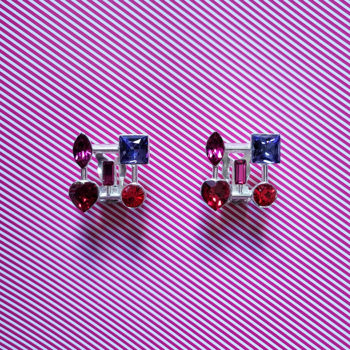 Clip on - Agatha Red and Purple Crystals Silver Lattice Clip on Earrings