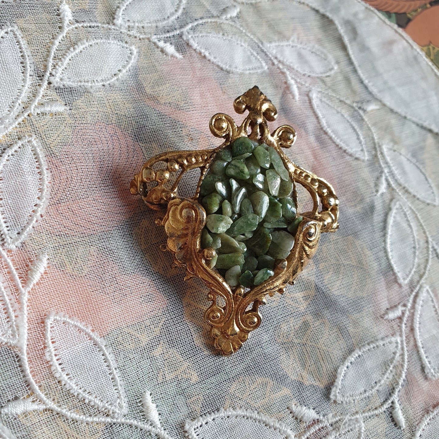 Brooch - Green Agate Cluster Ornate Brooch