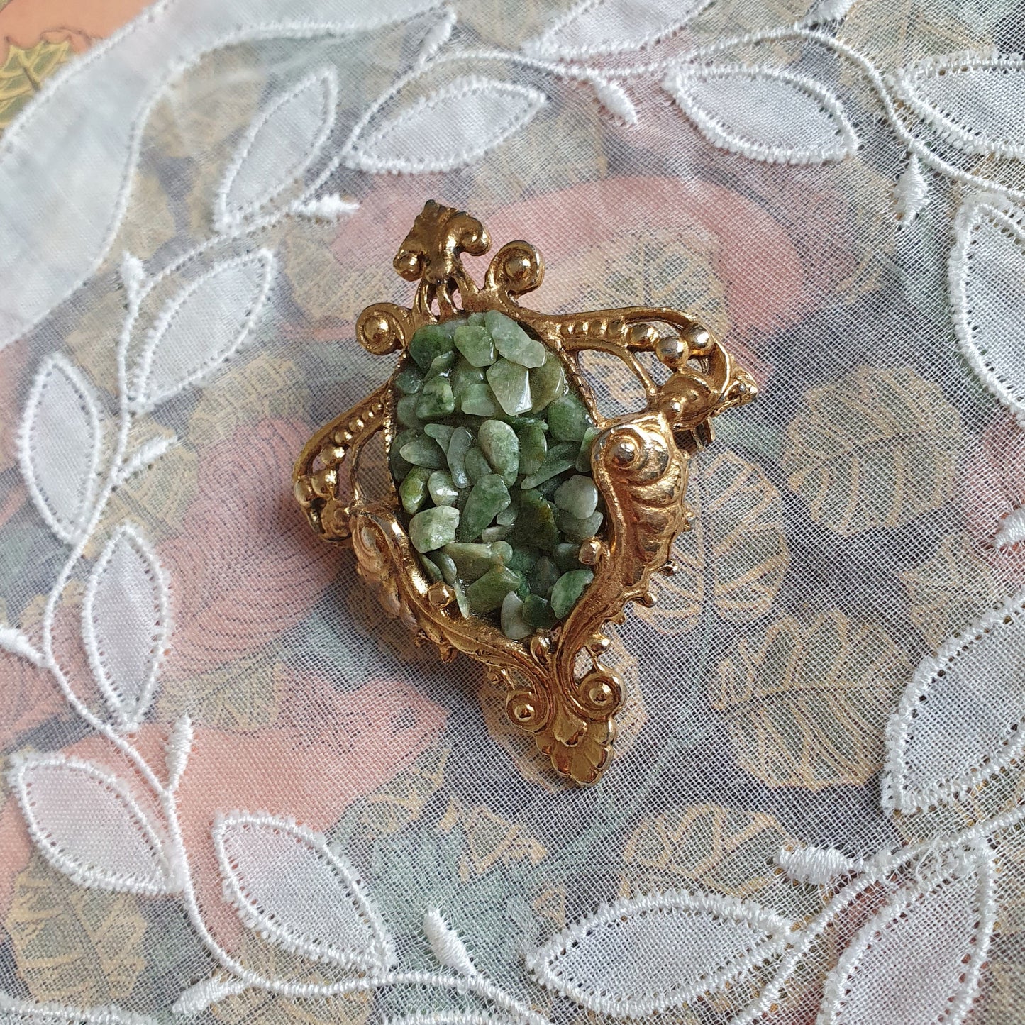 Brooch - Green Agate Cluster Ornate Brooch