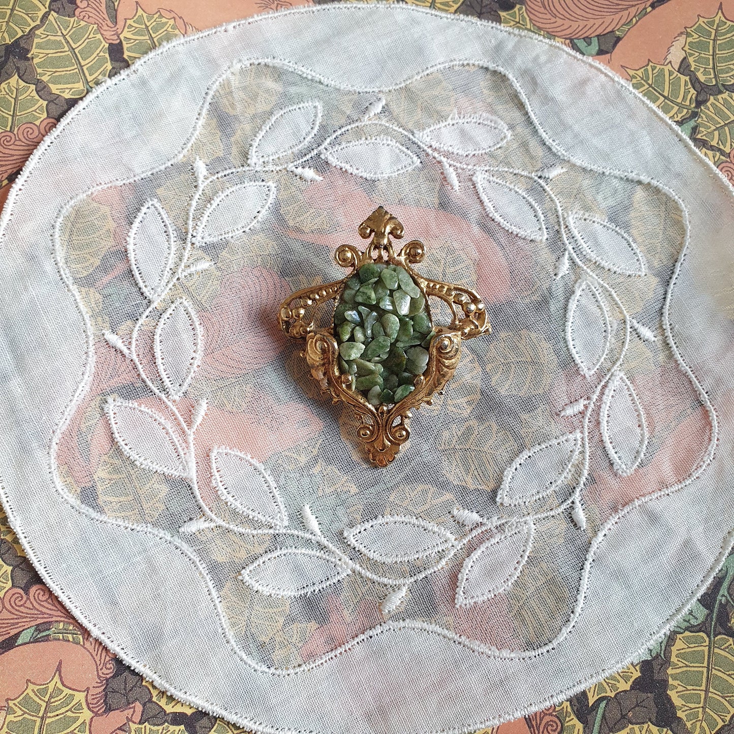 Brooch - Green Agate Cluster Ornate Brooch