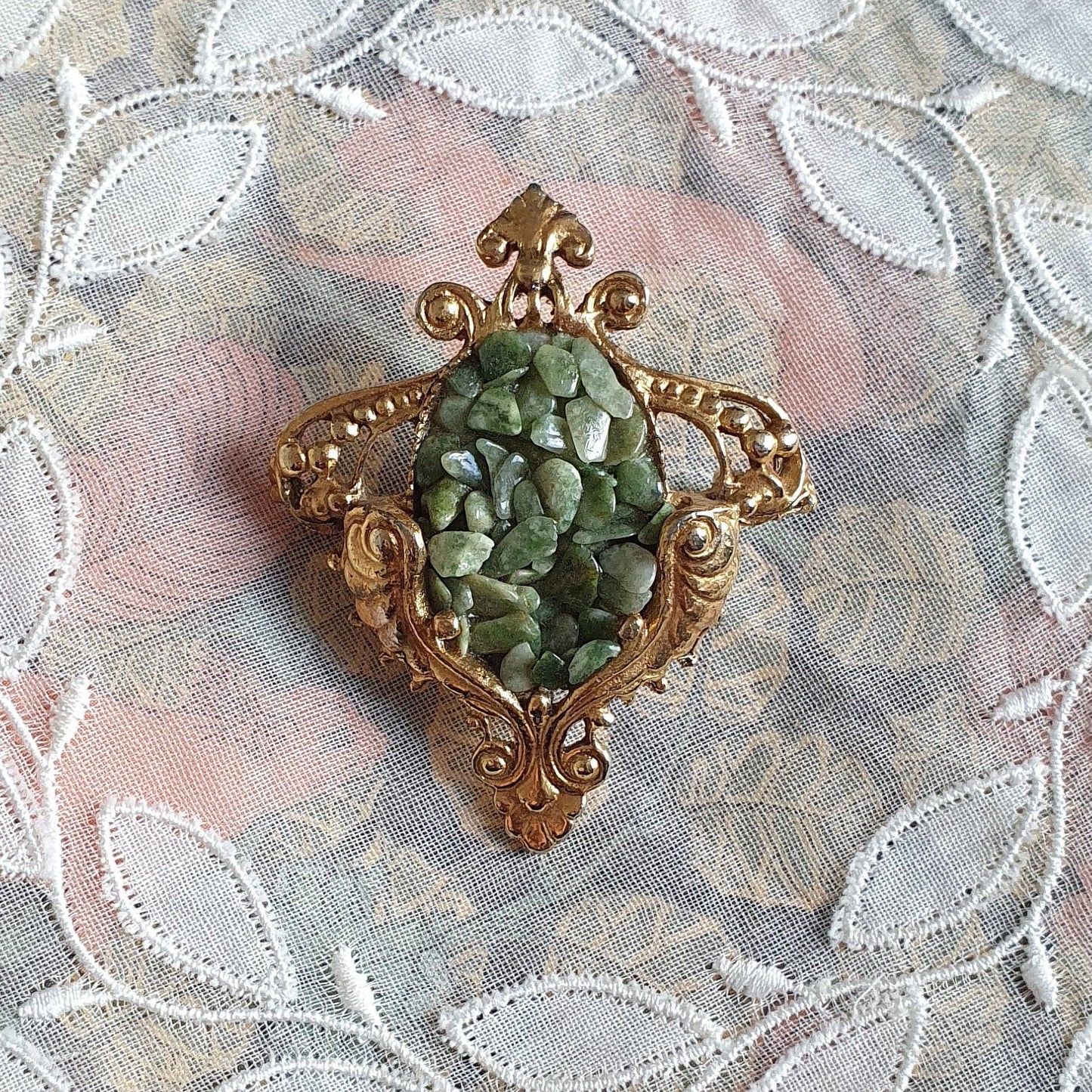 Brooch - Green Agate Cluster Ornate Brooch