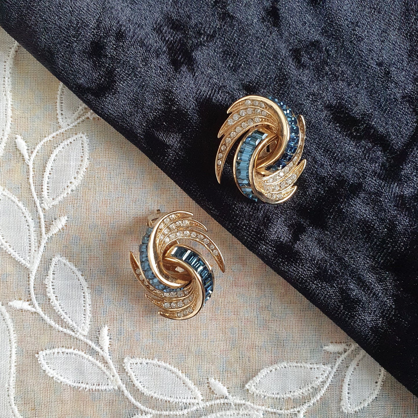 Clip on - Attwood and Sawyer Blue and Clear Crystals Swirl Clip On Earrings