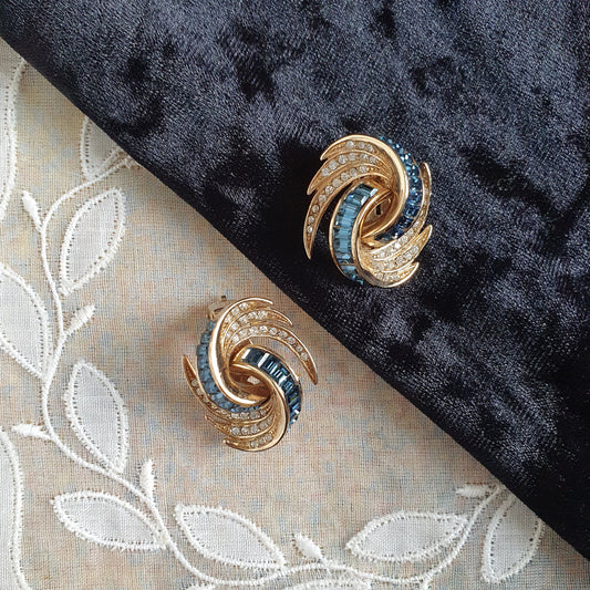 Clip on - Attwood and Sawyer Blue and Clear Crystals Swirl Clip On Earrings