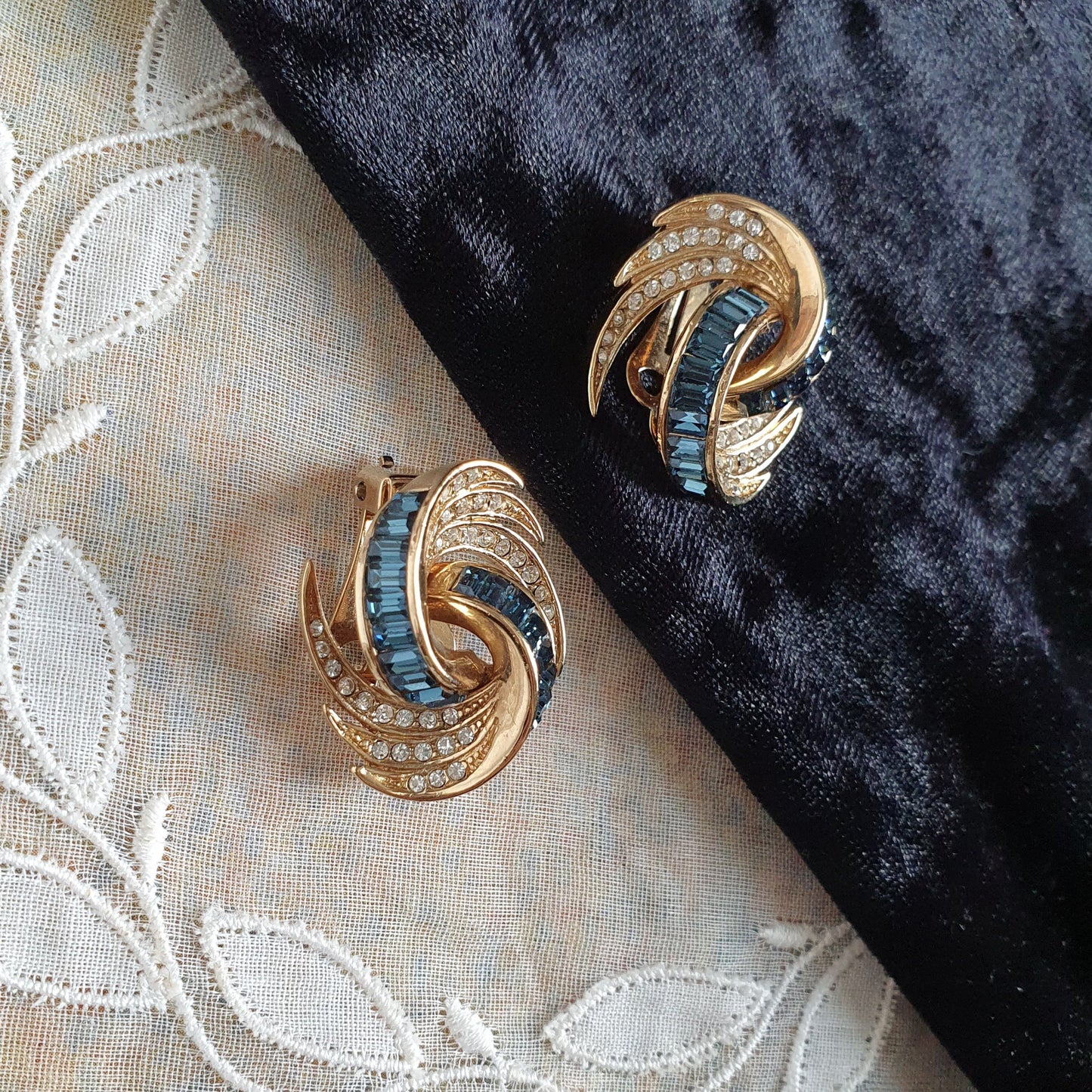 Clip on - Attwood and Sawyer Blue and Clear Crystals Swirl Clip On Earrings