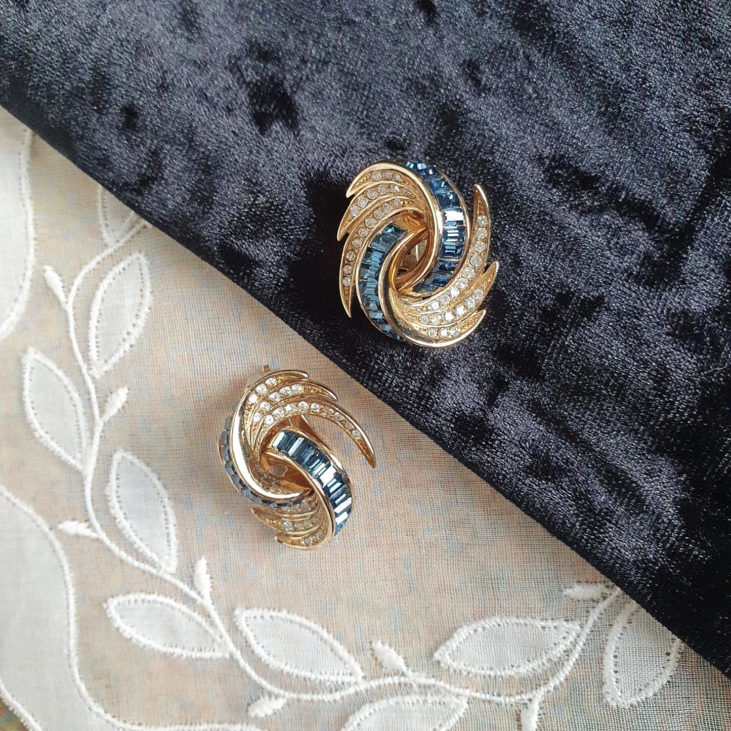 Clip on - Attwood and Sawyer Blue and Clear Crystals Swirl Clip On Earrings