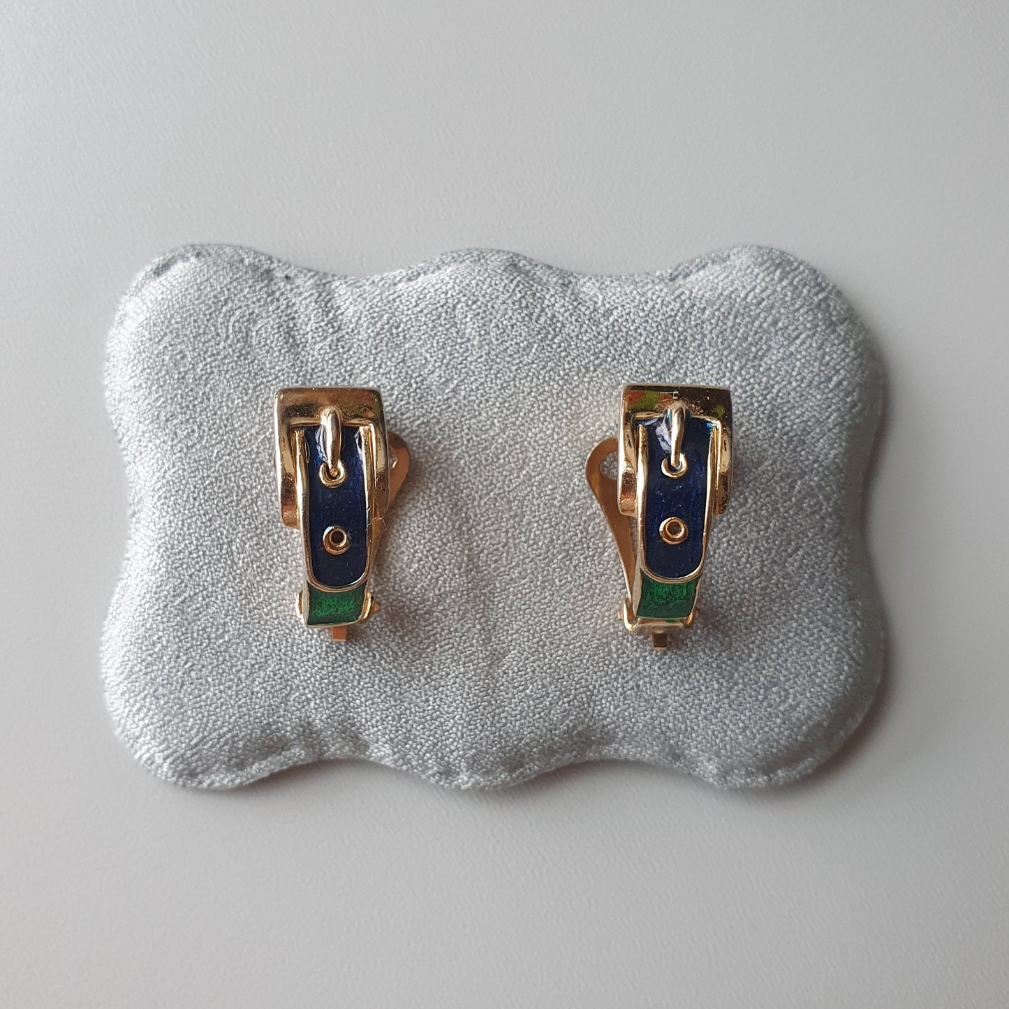 Clip on - Sphinx Green and Blue Enamel Belt Clip on Earrings