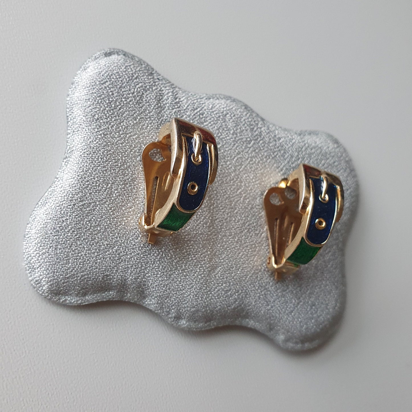 Clip on - Sphinx Green and Blue Enamel Belt Clip on Earrings