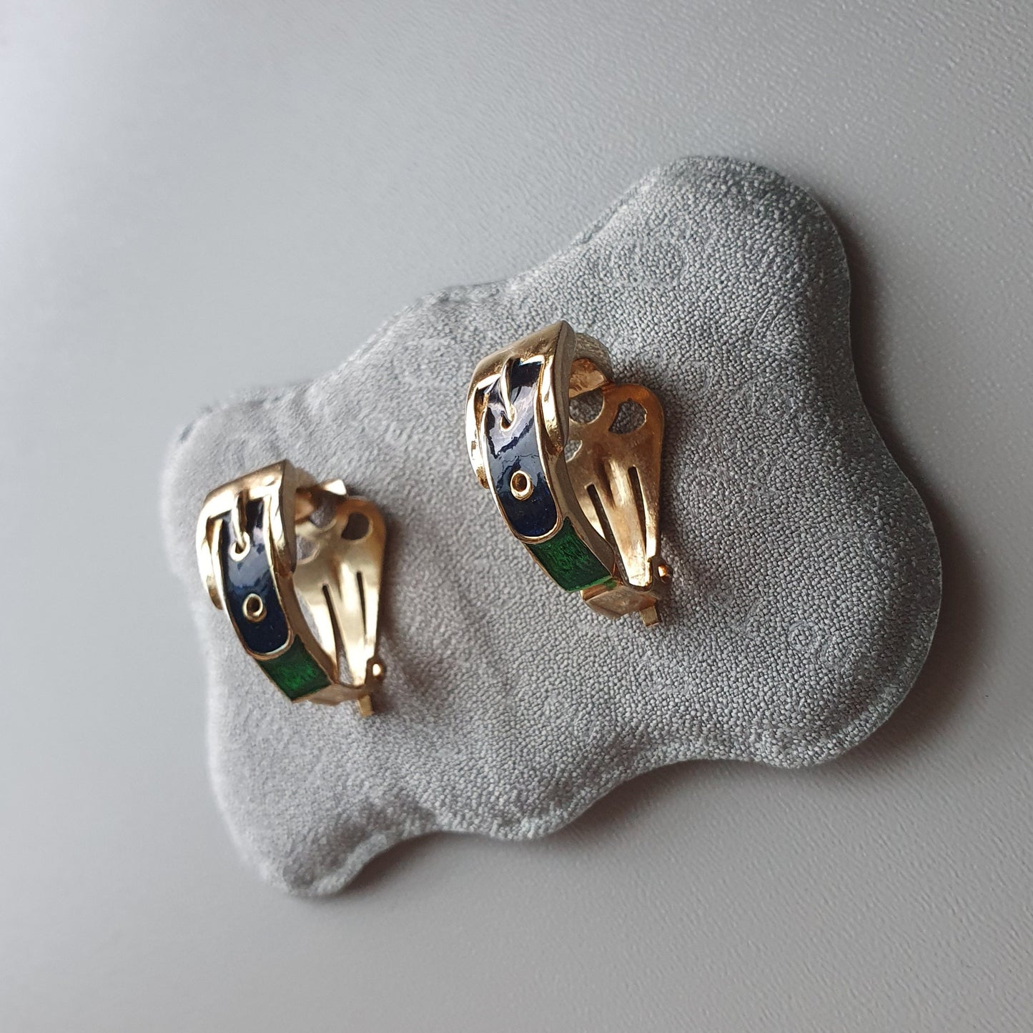 Clip on - Sphinx Green and Blue Enamel Belt Clip on Earrings