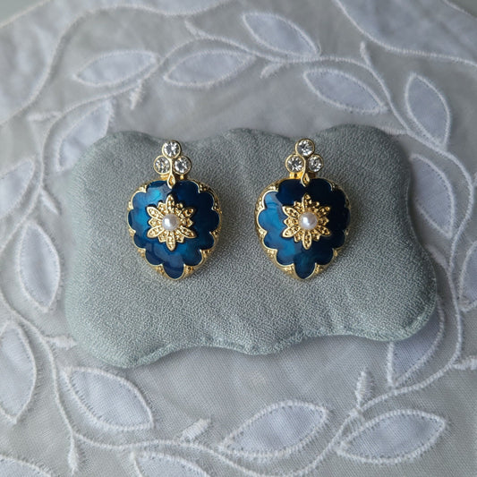 Posts - Blue Enamel Crystal and Pearl Heart Earrings