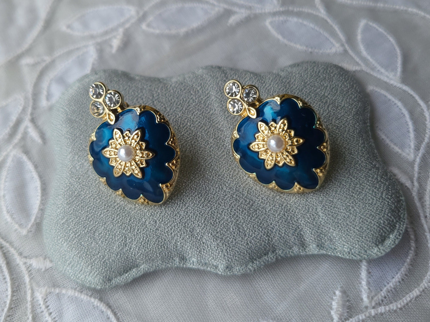 Posts - Blue Enamel Crystal and Pearl Heart Earrings
