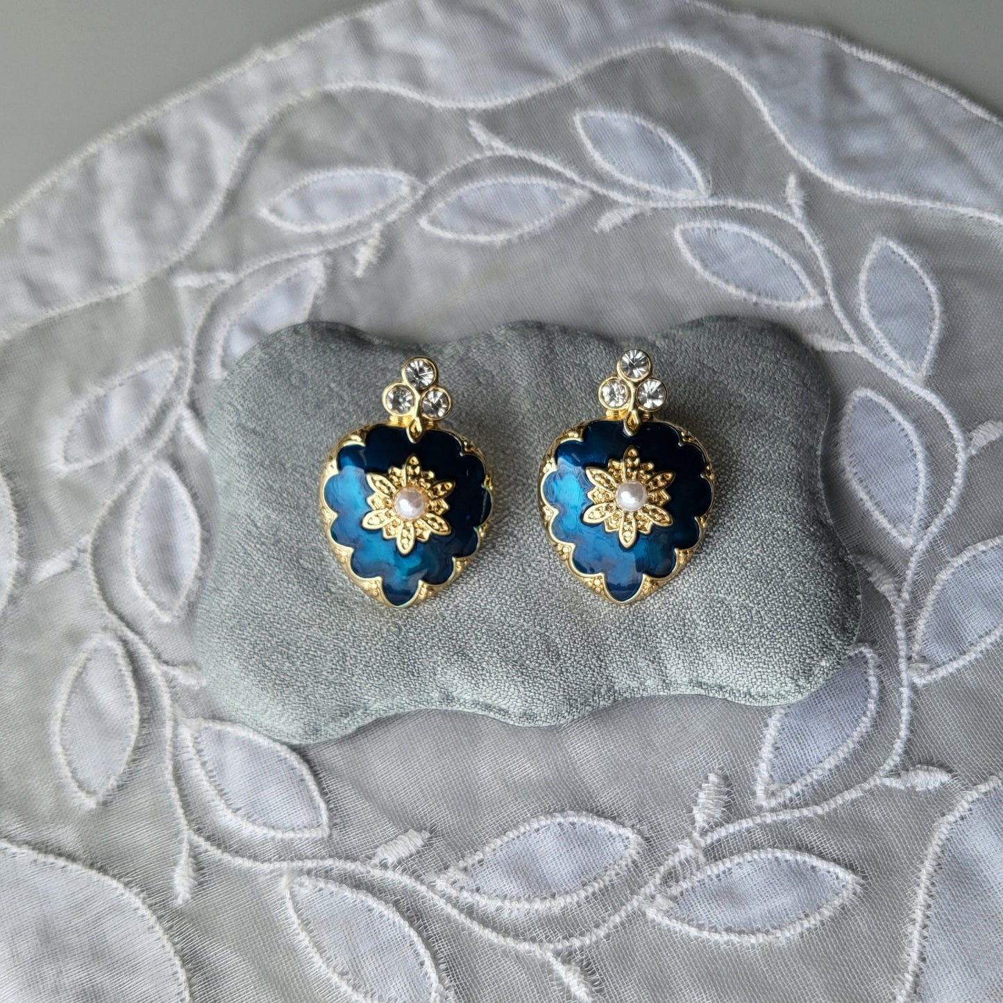 Posts - Blue Enamel Crystal and Pearl Heart Earrings