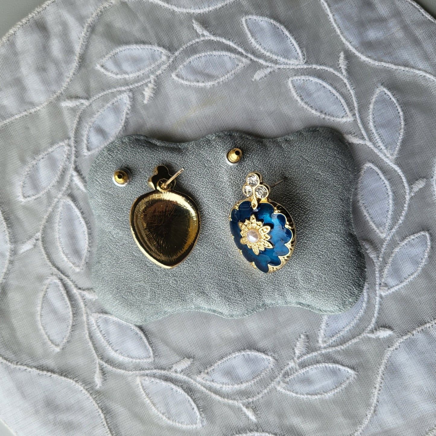 Posts - Blue Enamel Crystal and Pearl Heart Earrings