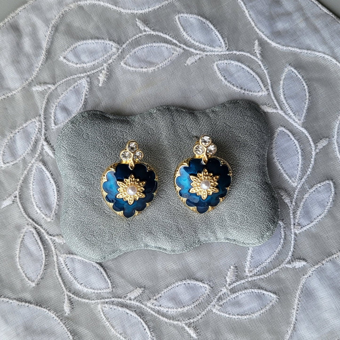 Posts - Blue Enamel Crystal and Pearl Heart Earrings