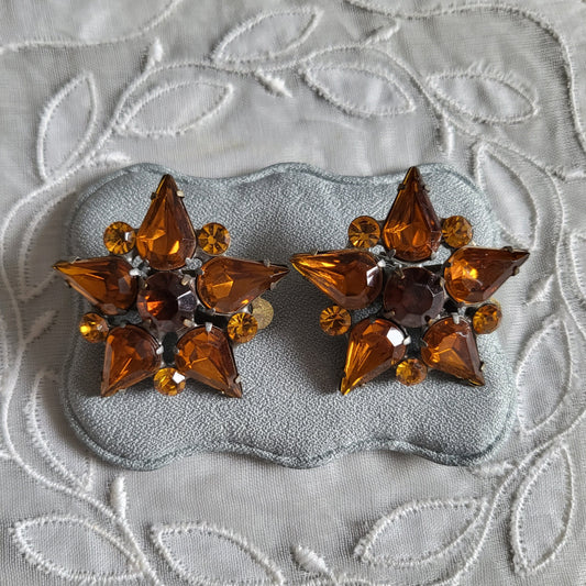 Clip on - Orange Brown Crystals Star Clip On Earrings