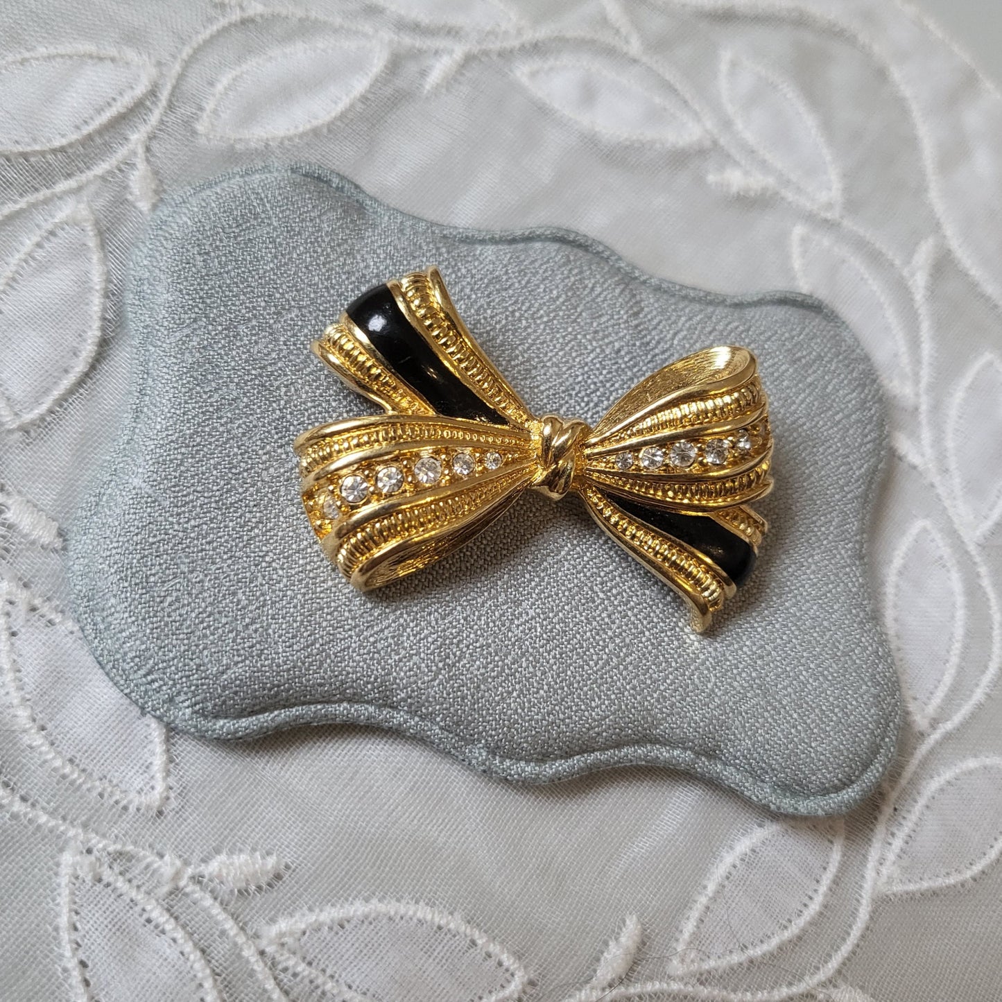 Brooch - Black Enamel and Crystals Bow Brooch