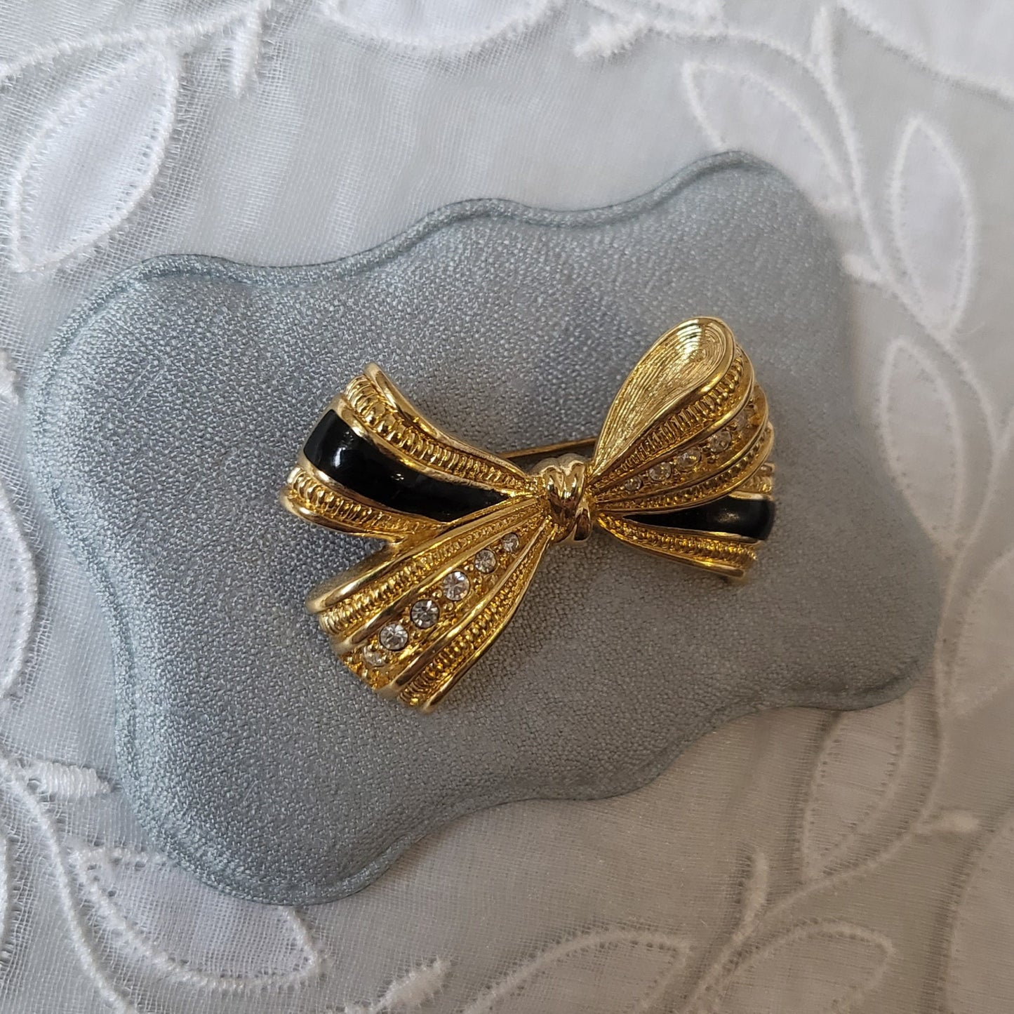 Brooch - Black Enamel and Crystals Bow Brooch