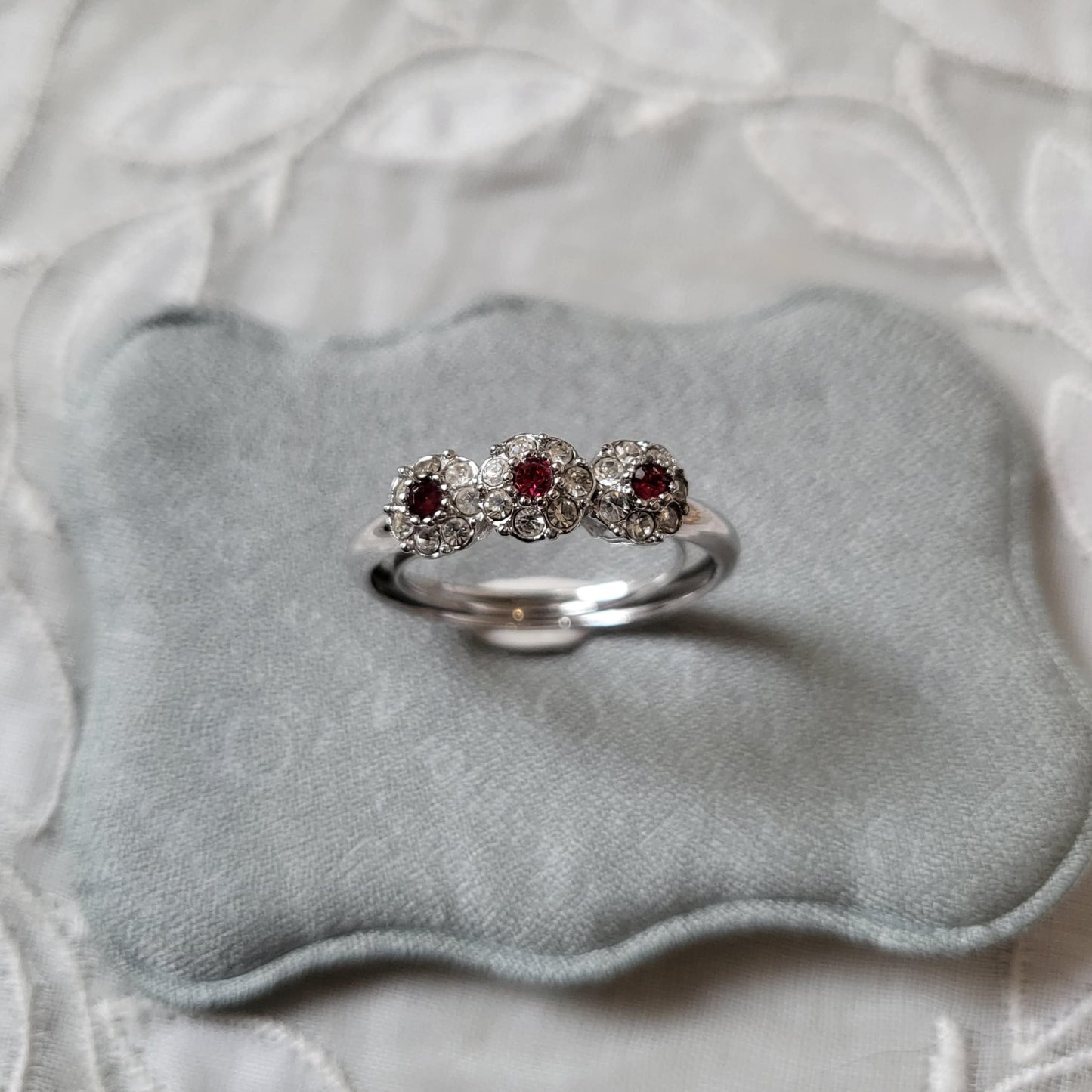 Ring - Red and Clear Crystals Flower Cluster Trilogy Ring