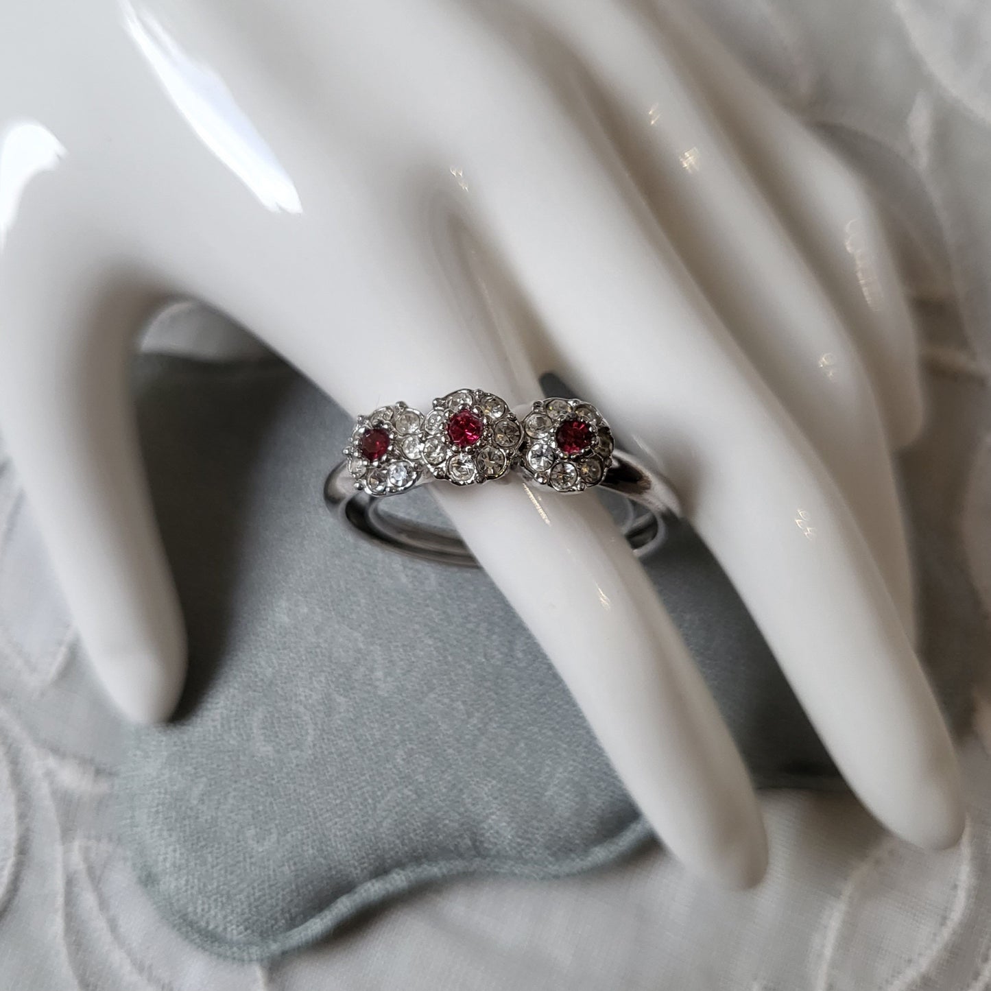 Ring - Red and Clear Crystals Flower Cluster Trilogy Ring
