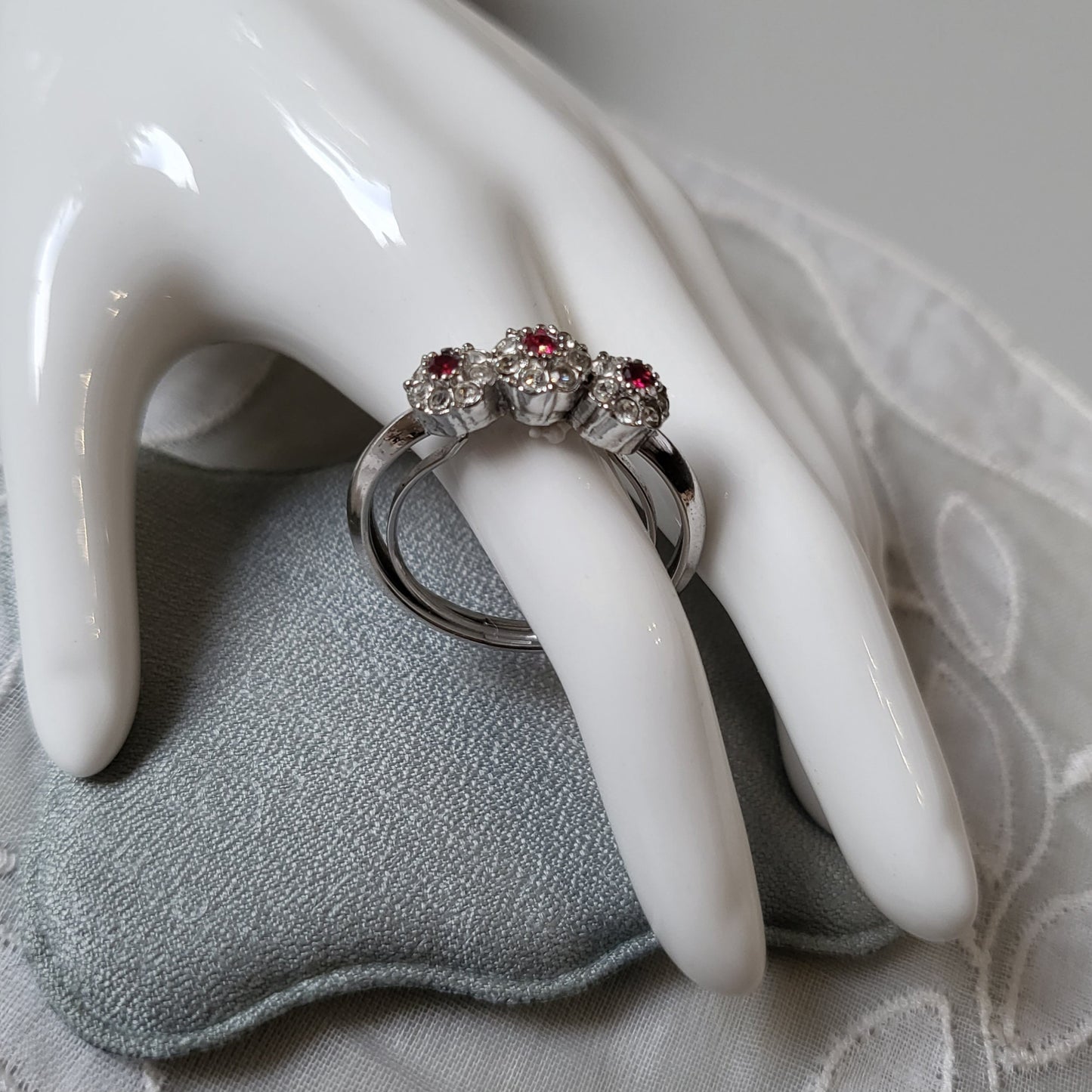 Ring - Red and Clear Crystals Flower Cluster Trilogy Ring
