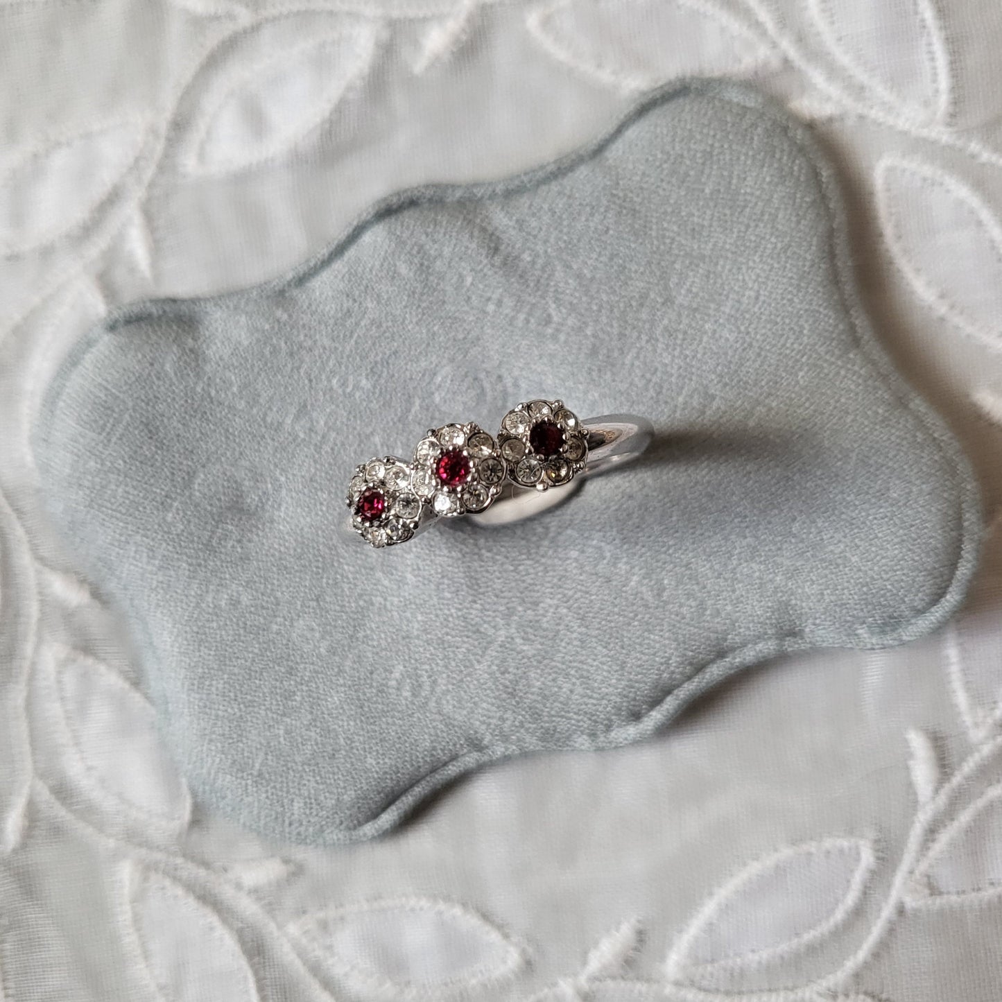 Ring - Red and Clear Crystals Flower Cluster Trilogy Ring