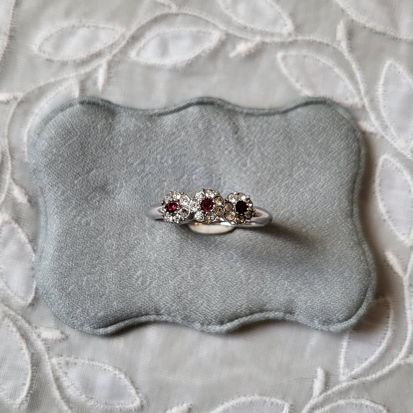 Ring - Red and Clear Crystals Flower Cluster Trilogy Ring