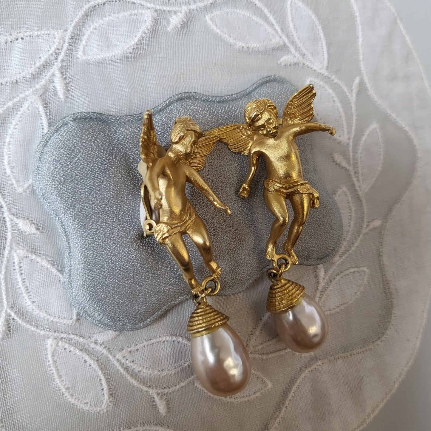 Clip on - Merola Cherub with Pearl Drops Statement Clip on Earrings