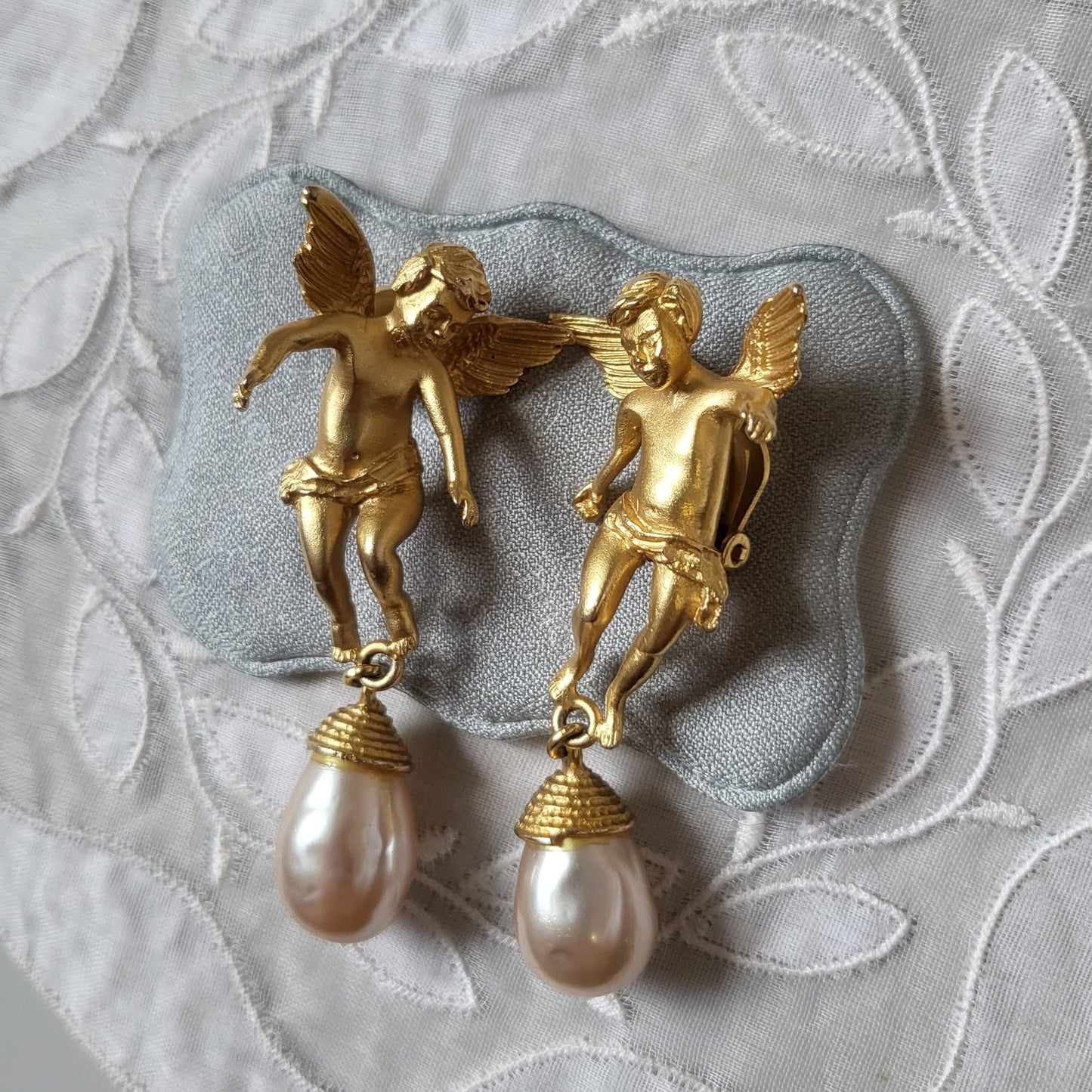 Clip on - Merola Cherub with Pearl Drops Statement Clip on Earrings