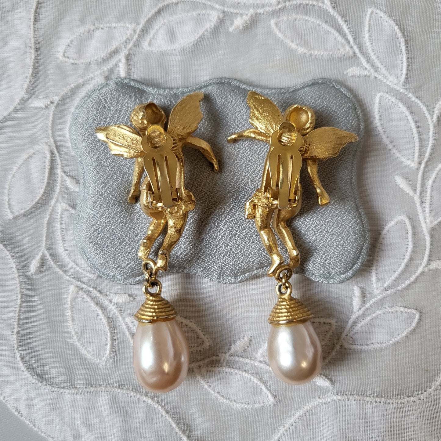 Clip on - Merola Cherub with Pearl Drops Statement Clip on Earrings