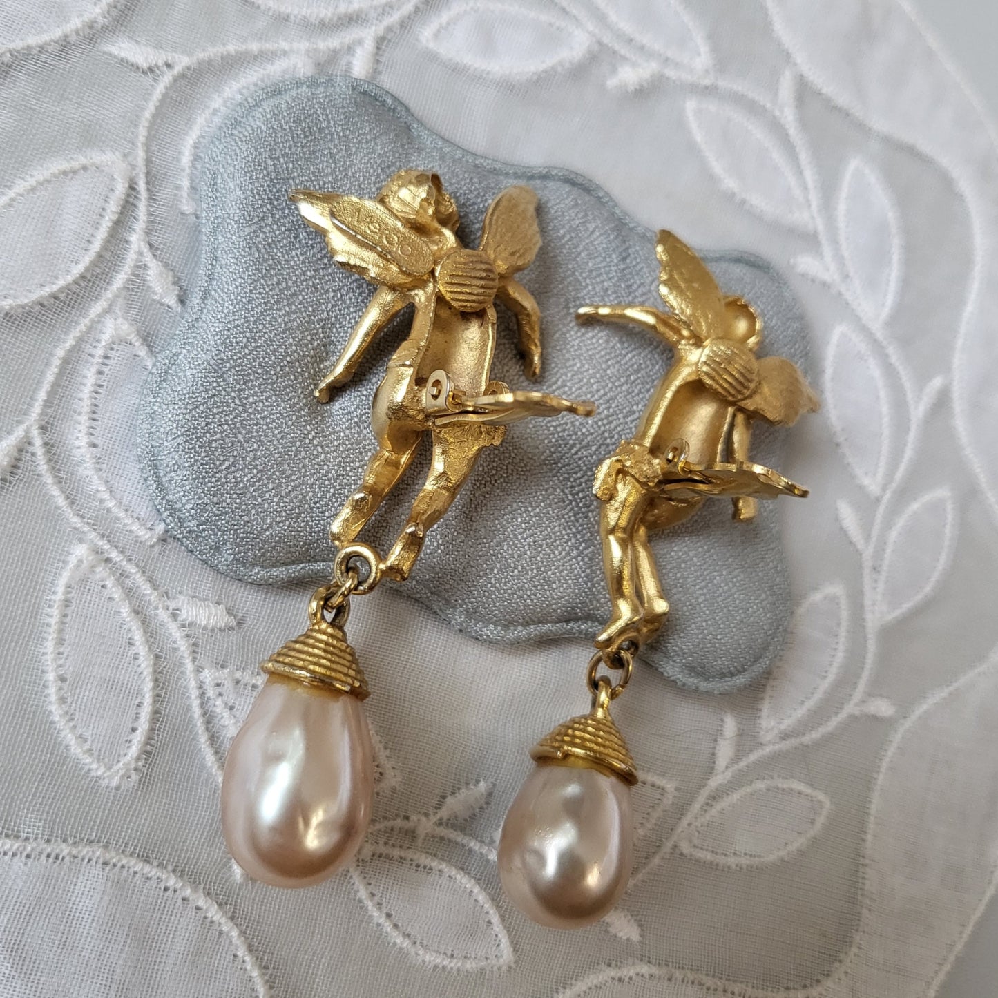 Clip on - Merola Cherub with Pearl Drops Statement Clip on Earrings