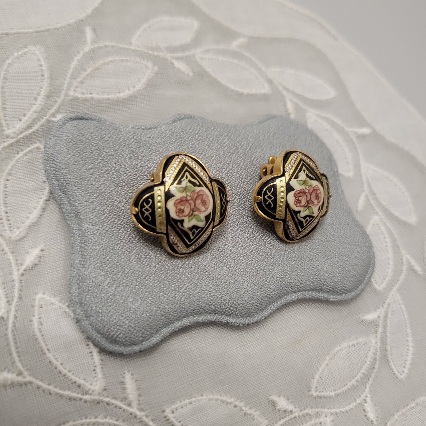 Clip on - Damascene Enamel Rose Clip On Earrings