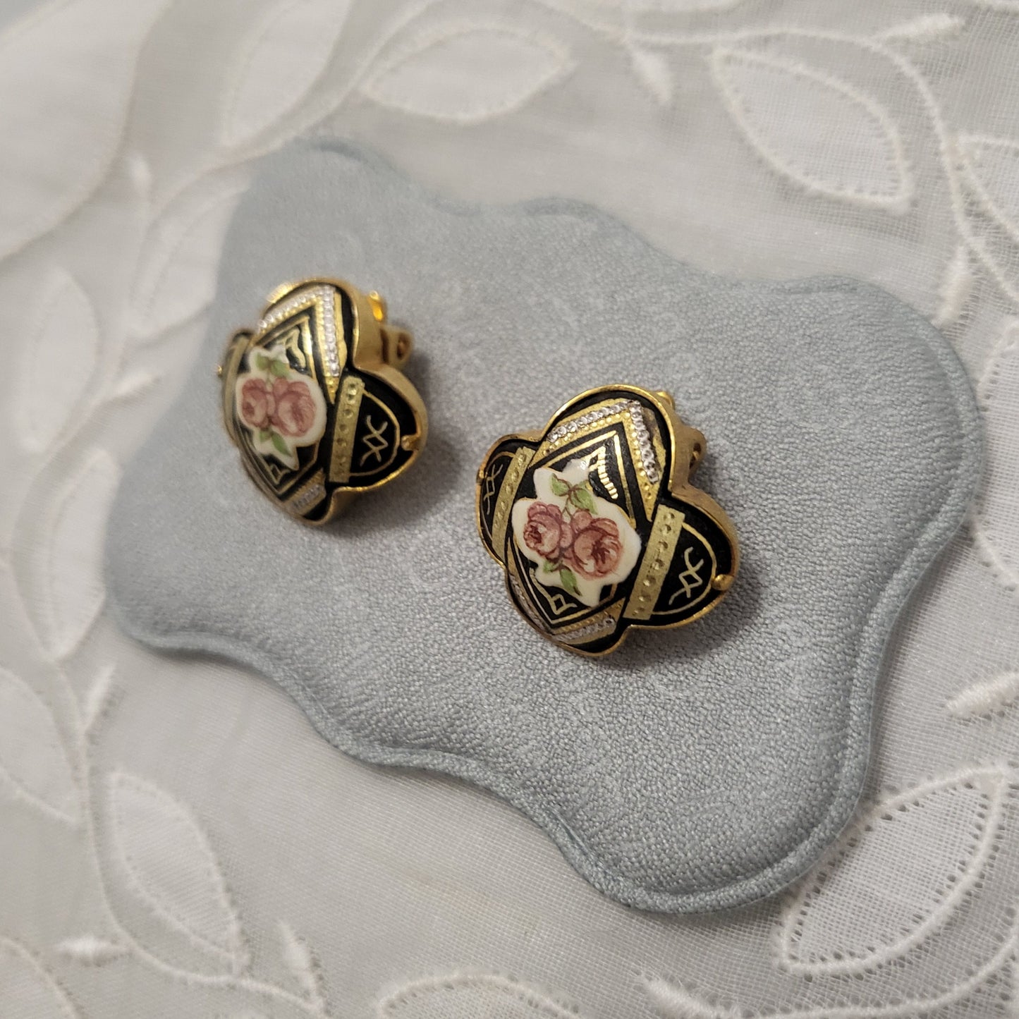 Clip on - Damascene Enamel Rose Clip On Earrings