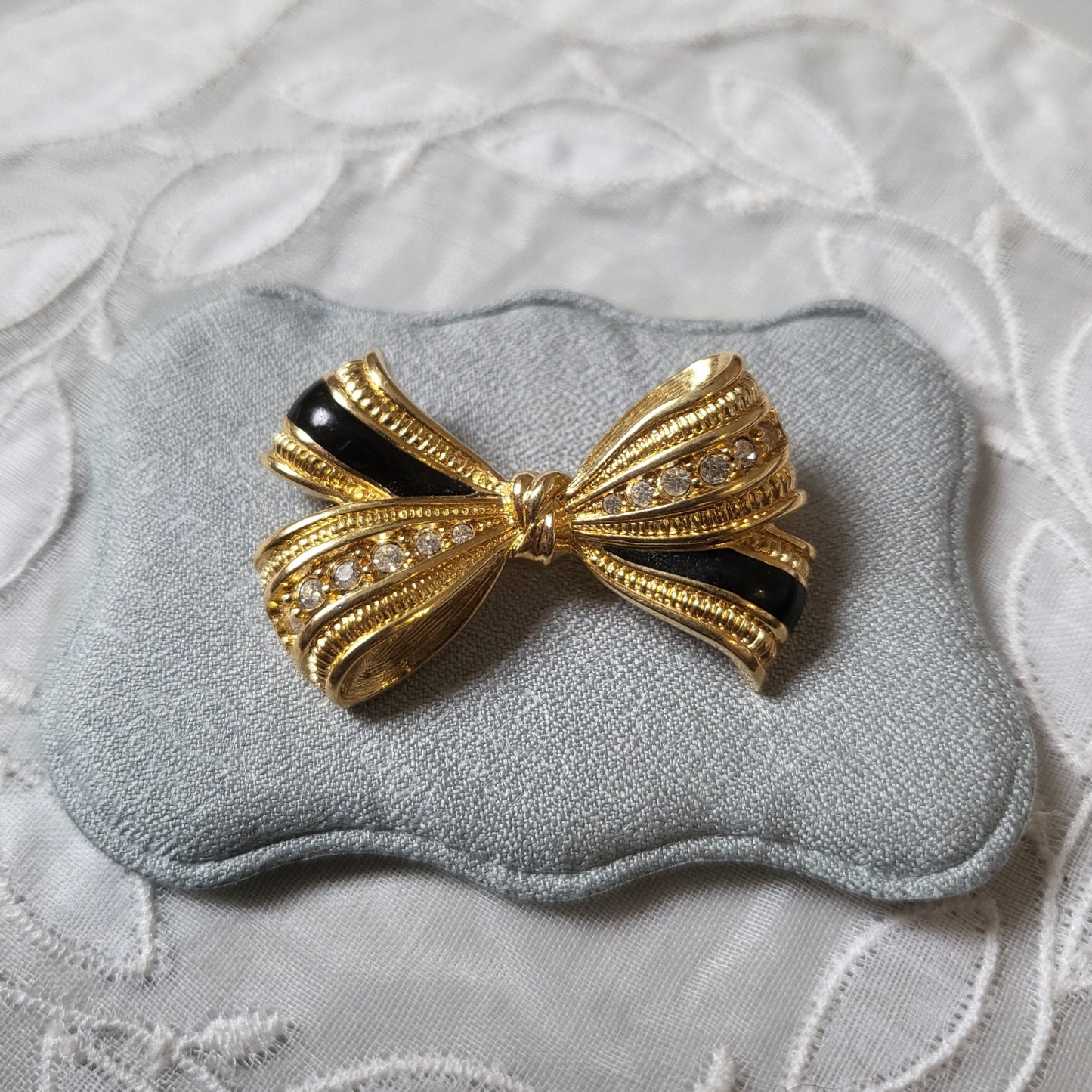Brooch - Black Enamel and Crystals Bow Brooch